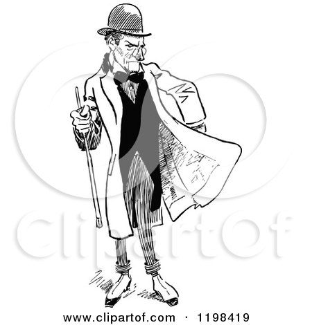 Clipart of a Black and White Vintage Man Holding a Stick - Royalty Free Vector Illustration by Prawny Vintage