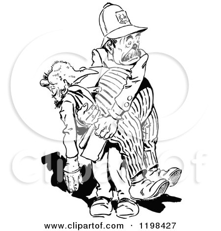 Clipart of a Black and White Vintage Policeman Carrying a Drunkard - Royalty Free Vector Illustration by Prawny Vintage