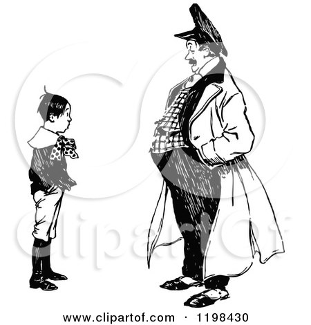 Clipart of a Black and White Vintage Boy Talking to a Man - Royalty Free Vector Illustration by Prawny Vintage