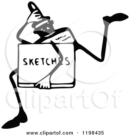 Clipart of a Black and White Vintage Ink Man Running with a Sketch Book - Royalty Free Vector Illustration by Prawny Vintage