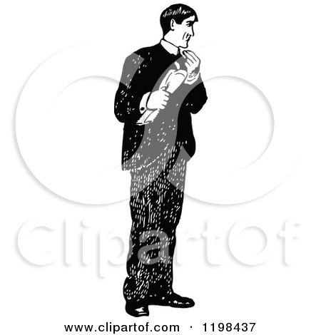 Clipart of a Black and White Vintage Man Holding a Newspaper - Royalty Free Vector Illustration by Prawny Vintage