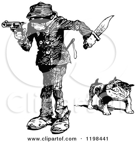 Clipart of a Black and White Vintage Robber and Bulldog - Royalty Free Vector Illustration by Prawny Vintage