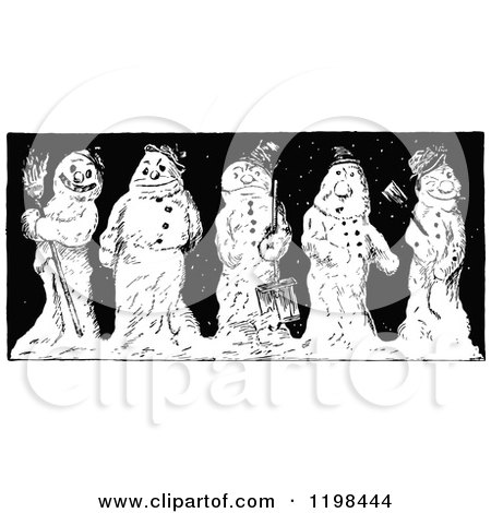 Clipart of Black and White Vintage Happy and Grumpy Snowmen - Royalty Free Vector Illustration by Prawny Vintage