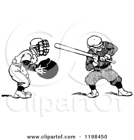 Clipart of a Black and White Vintage Baseball Batter and Catcher - Royalty Free Vector Illustration by Prawny Vintage