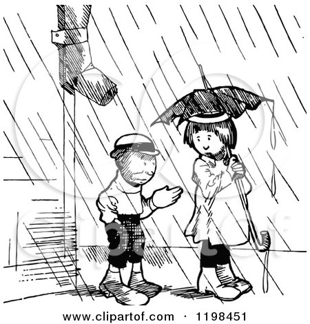 Clipart of a Black and White Vintage Boy and Girl with an Umbrella in the Rain - Royalty Free Vector Illustration by Prawny Vintage