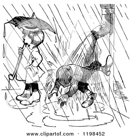 Clipart of a Black and White Vintage Boy and Girl in the Rain - Royalty Free Vector Illustration by Prawny Vintage
