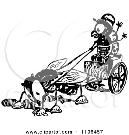 Clipart of a Black and White Vintage Bug on a Fly Cart - Royalty Free Vector Illustration by Prawny Vintage