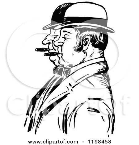 Clipart of Black and White Vintage Men Smoking Cigars in Profile - Royalty Free Vector Illustration by Prawny Vintage