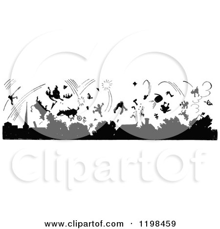 Clipart of Black and White Vintage Silhouetted Animals and People in an Explosion - Royalty Free Vector Illustration by Prawny Vintage