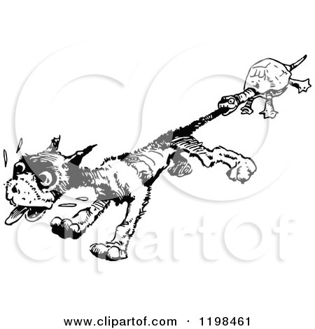 Clipart of a Black and White Vintage Tortoise Biting a Dogs Tail - Royalty Free Vector Illustration by Prawny Vintage