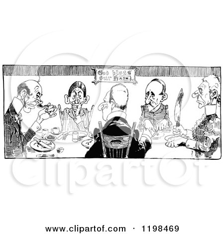 Clipart of a Black and White Vintage People Dining Together - Royalty Free Vector Illustration by Prawny Vintage