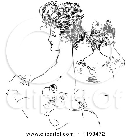 Clipart of a Black and White Vintage Ladies with up Dos - Royalty Free Vector Illustration by Prawny Vintage