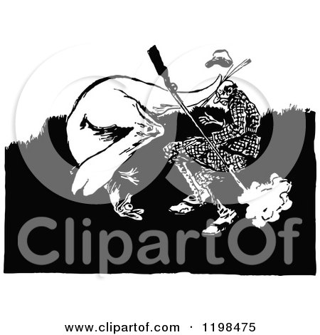 Clipart of a Black and White Vintage Kangaroo Attacking a Hunter - Royalty Free Vector Illustration by Prawny Vintage