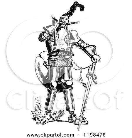 Clipart of a Black and White Vintage Knight with a Sword - Royalty Free Vector Illustration by Prawny Vintage