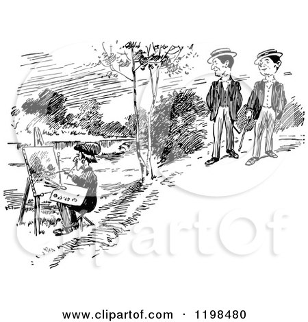 Clipart of a Black and White Vintage Artist Painting a Landscape and Men Watching - Royalty Free Vector Illustration by Prawny Vintage