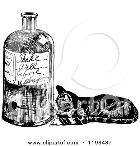 Clipart of a Black and White Vintage Cat Watching a Mouse in a Bottle - Royalty Free Vector Illustration by Prawny Vintage
