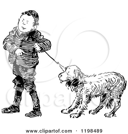 Clipart of a Black and White Vintage Boy with a Stubborn Dog on a Leash - Royalty Free Vector Illustration by Prawny Vintage