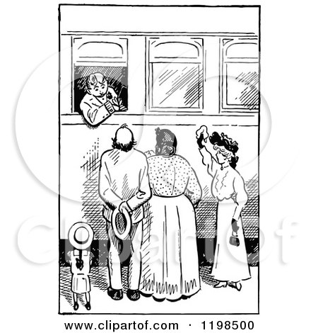 Clipart of a Black and White Vintage Family Saying Good Boy to a Boy at a Train Station - Royalty Free Vector Illustration by Prawny Vintage