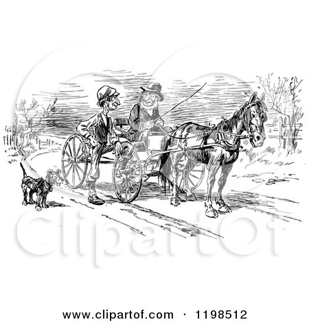 Clipart of a Black and White Vintage Dog by Men in a Horse Cart - Royalty Free Vector Illustration by Prawny Vintage
