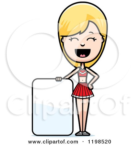 Cartoon of a Happy Blond Cheerleader by a Sign - Royalty Free Vector Clipart by Cory Thoman