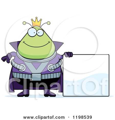 Cartoon of a Happy Chubby Martian Alien King by a Sign - Royalty Free Vector Clipart by Cory Thoman