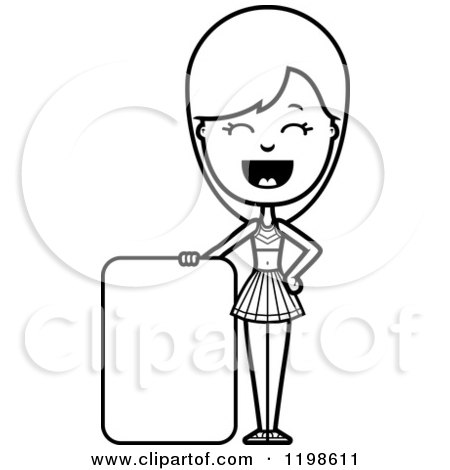 Black And White Happy Cheerleader by a Sign - Royalty Free Vector Clipart by Cory Thoman