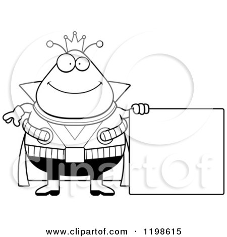 Black And White Happy Chubby Martian Alien King by a Sign - Royalty Free Vector Clipart by Cory Thoman