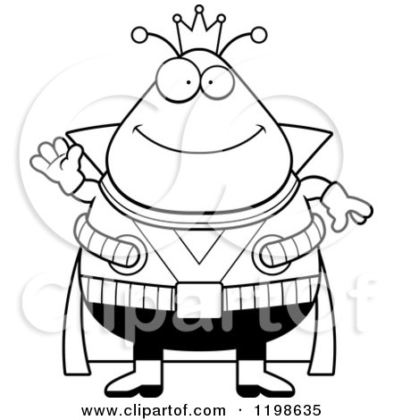 Cartoon of a Black And White Friendly Waving Chubby Martian Alien King - Royalty Free Vector Clipart by Cory Thoman