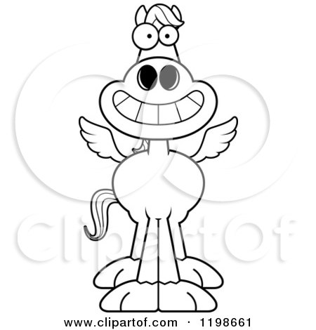 Cartoon of a Black And White Grinning Pegasus Horse - Royalty Free Vector Clipart by Cory Thoman