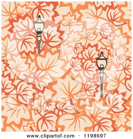 Clipart of a Seamless Pattern of Street Lamps and Autumn Leaves - Royalty Free Vector Illustration by Cherie Reve
