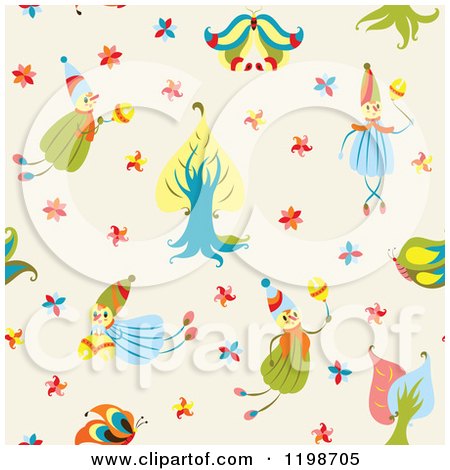 Clipart of a Seamless Pattern of Forest Fairies over Beige - Royalty Free Vector Illustration by Cherie Reve