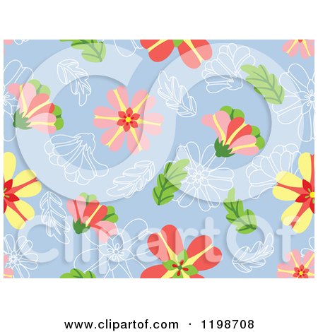Clipart of a Seamless Pattern of Flowers and Outlines over Blue - Royalty Free Vector Illustration by Cherie Reve