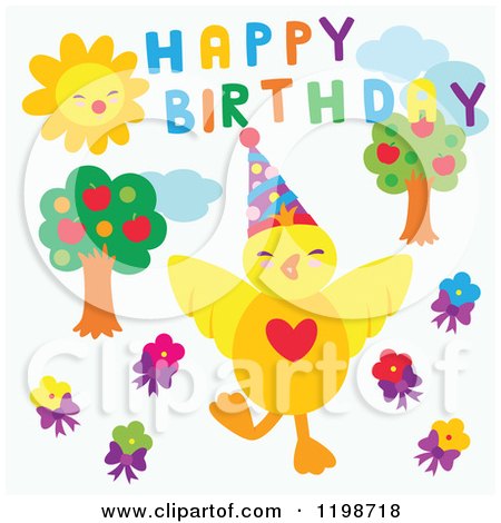 Clipart of a Chick with Trees Sun Flowers and Happy Birthday Text - Royalty Free Vector Illustration by Cherie Reve
