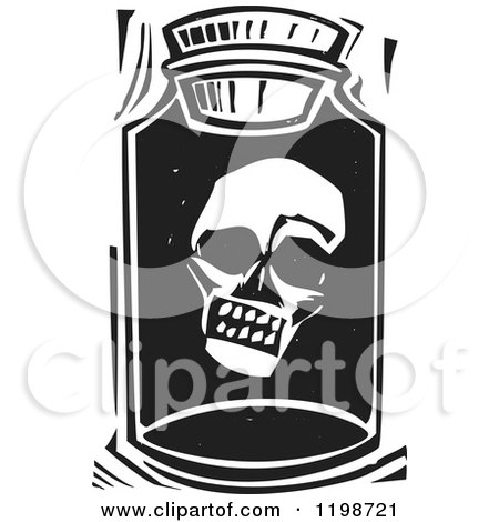 Clipart of a Zombie or Skull in a Jar Black and White Woodcut - Royalty Free Vector Illustration by xunantunich