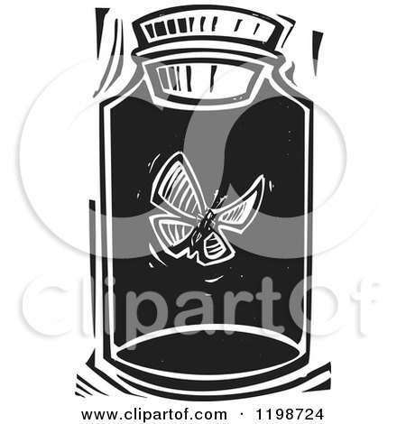 Clipart of a Butterfly Trapped in a Jar Black and White Woodcut - Royalty Free Vector Illustration by xunantunich