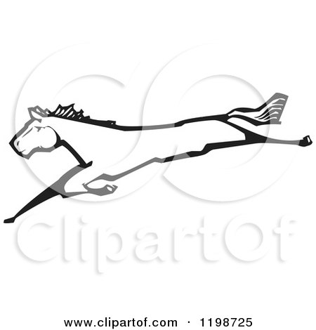 Clipart of a Horse Leaping Black and White Woodcut - Royalty Free Vector Illustration by xunantunich