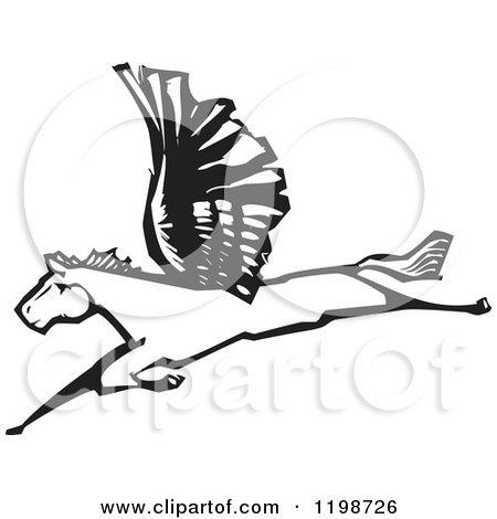 Clipart of a Winged Pegasus Horse Flying Black and White Woodcut - Royalty Free Vector Illustration by xunantunich