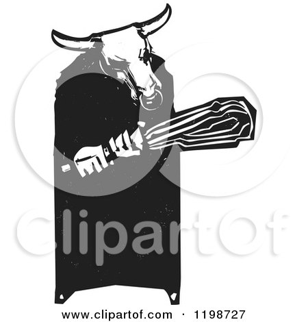 Clipart of a Minotaur Holding a Club Black and White Woodcut - Royalty Free Vector Illustration by xunantunich