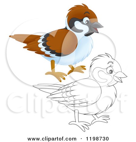 Cartoon of a Cute Happy Bird in Color and Black and White Outline - Royalty Free Clipart by Alex Bannykh