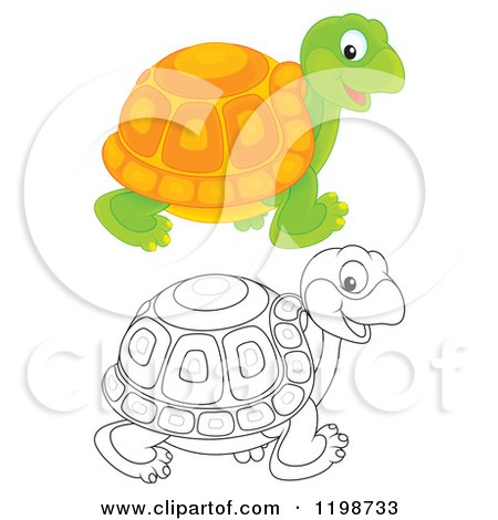 Cartoon of a Cute Happy Tortoise in Color and Black and White Outline - Royalty Free Clipart by Alex Bannykh