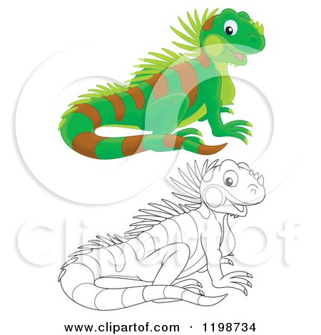 Cartoon of a Cute Happy Lizard in Color and Black and White Outline - Royalty Free Clipart by Alex Bannykh