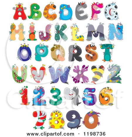Cartoon of Colorful Monster and Animal Letters and Numbers - Royalty Free Vector Clipart by Alex Bannykh