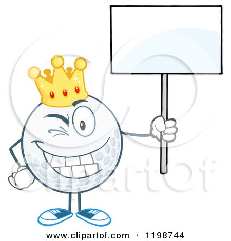 Cartoon of a Winking Crowned Golf Ball Character Holding a Sign 2 - Royalty Free Vector Clipart by Hit Toon