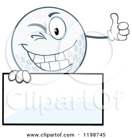 Cartoon of a Winking Golf Ball Character Holding a Thumb up over a Sign - Royalty Free Vector Clipart by Hit Toon