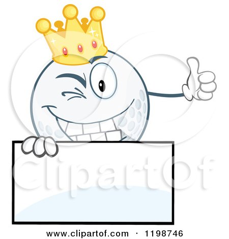 Cartoon of a Winking Crowned Golf Ball Character over a Sign - Royalty Free Vector Clipart by Hit Toon