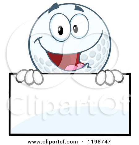 Cartoon of a Happy Golf Ball Character over a Sign - Royalty Free Vector Clipart by Hit Toon