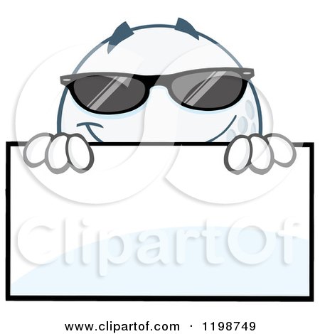 Cartoon of a Golf Ball Character Wearing Shades Behind a Sign - Royalty Free Vector Clipart by Hit Toon