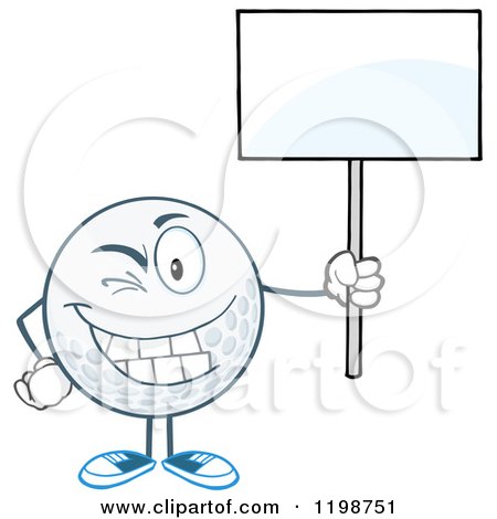 Cartoon of a Winking Golf Ball Character Holding a Sign - Royalty Free Vector Clipart by Hit Toon