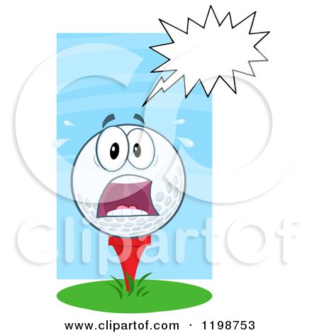 Cartoon of a Scared Golf Ball Character on a Tee, over Blue and White - Royalty Free Vector Clipart by Hit Toon
