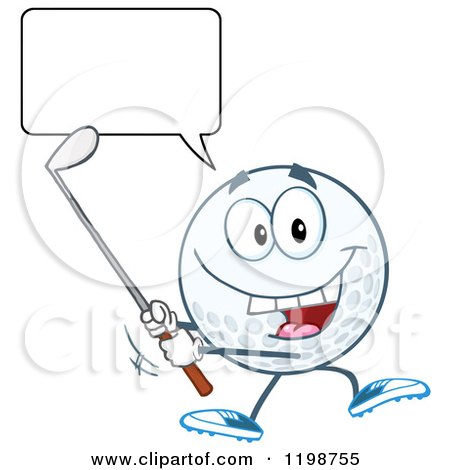 Cartoon of a Talking Golf Ball Character Swinging a Club - Royalty Free Vector Clipart by Hit Toon